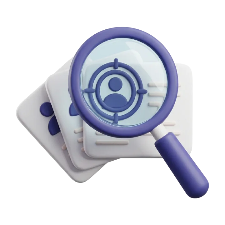 A magnifying glass identifying a relevant prospect in a stack of profiles