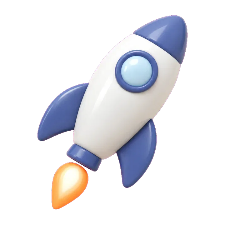 An indigo and white rocket launching with a simple flame