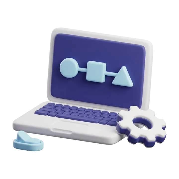 A laptop with a connected workflow and a setup gear